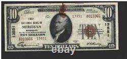 $10 1929 MERIDIAN Mississippi MS National Currency Bank Note Ch. #13551 NT0133