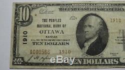 $10 1929 Ottawa Kansas KS National Currency Bank Note Bill! Ch. #1910 VF! RARE