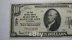 $10 1929 Redwood City California CA National Currency Bank Note Bill! #7279 VF+