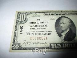 $10 1929 Wareham Massachusetts MA National Currency Bank Note Bill! Ch #1440 VF
