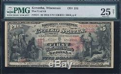 1875 $5 National Currency 1st National Bank of Kenosha, WI Ch. #212 PMG 25 RARE