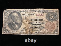 1882 $5 Five Dollar Boston MA National Bank Note Currency (Ch. 1029)