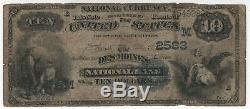 1882 Db $10 Des Moines Iowa National Bank Note Currency Circ Vg Very Good (282)