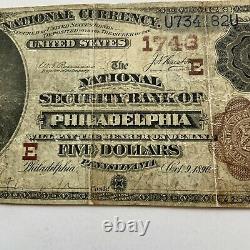 1890 Penn $5 National Currency THE NATIONAL SECURITY BANK OF PHILADELPHIA