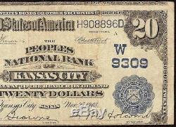 1902 $20 Dollar Bill Peoples National Bank Kansas City Note Large Currency 9309