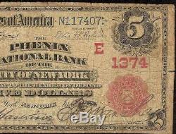 1902 $5 Dollar The Phenix National Bank New York Red Seal Note Currency Money