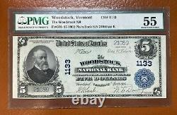 1902 $5 Woodstock VT National Currency Bank Note Ch #1133 PMG AU55