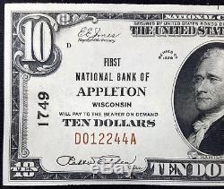 1929 $10.00 National Currency from The First National Bank of Appleton, WI
