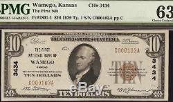 1929 $10 Dollar Wamego Kansas National Bank Note Currency Pottawatomie Pmg 63epq