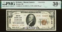 1929 $10 National Bank Webster, Massachusetts CH# 13780 PMG 30EPQ Top Pop 1/0
