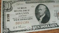 1929 $10 National Currency, Lebanon KY Ch# 2150 Kentucky Bank Note Marion County