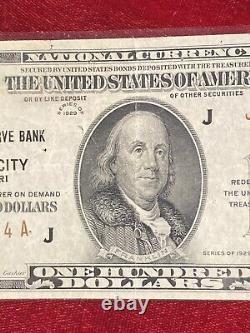 1929 $100 BILL NATIONAL CURRENCY FEDERAL RESERVE BANK OF Kansas City. Missouri J