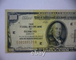 1929 $100 HUNDRED DOLLAR NATIONAL CURRENCY Bank Note RICHMOND VA