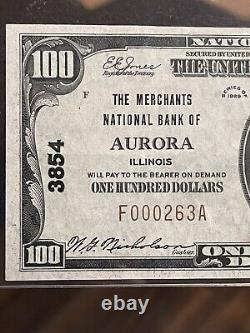 1929 $100 The Merchants National Bank of AURORA ILLINOIS CHARTER 3854 PCGS 40PPQ