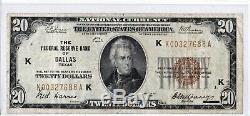 1929 $20 DALLAS Texas TX Federal Reserve Bank Note Brown National Currency(KEY)