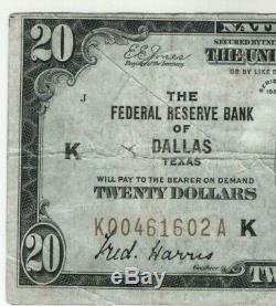 1929 $20 Federal Reserve Bank Note Dallas Texas National Currency Circulated VF