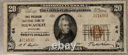 1929 $20 National Currency Bank of Milwaukee Wisconsin Charter 64 Bill/Note