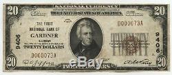 1929 $20 National Currency Note 9406 Gardner Illinois First Bank Low BA392