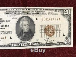 1929 $20 National Currency The Federal Reserve Bank Of San Francisco Ca Unc