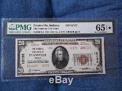 1929 $20 STAR PMG 65 EPQ Evansville IN National Currency T2 # 12132 City Bank#