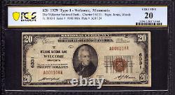 1929 $20 Welcome National Bank Note Currency Minnesota Pcgs B Very Fine Vf 20