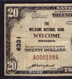 1929 $20 Welcome National Bank Note Currency Minnesota Pcgs B Very Fine Vf 20