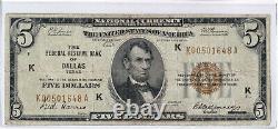 1929 $5 DALLAS Texas TX Federal Reserve Bank Note Brown National Currency