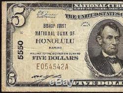 1929 $5 Dollar Honolulu Hawaii Bishop National Bank Note Currency Paper Money