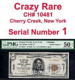 1929 $5 National Bank Cherry Creek, New York CH# 10481 PMG 50EPQ serial number 1