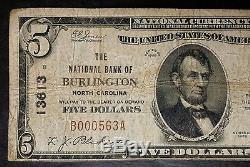 1929 $5 National Bank of Burlington North Carolina National Currency Note 13613