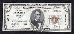 1929 $5 Tyii The First National Bank Of Price, Ut National Currency Ch. #6012 Au