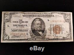 1929 $50 Fifty Dollar Bill National Currency Federal Reserve Bank San Fran CA