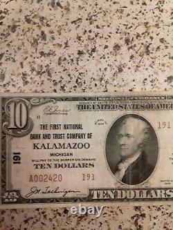 1929 Kalamazoo $10 Type 2 National Bank Note Currency Michigan