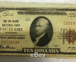 1929 Ten Dollar $10 Bill National Currency The Eau Claire National Bank