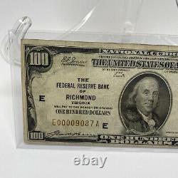 1929 US $100 National Currency Note. Federal Reserve Bank Richmond VERY LOW S/N