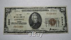$20 1929 Anthony Kansas KS National Currency Bank Note Bill Charter #3385 VF