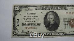 $20 1929 Beaver Falls Pennsylvania PA National Currency Bank Note Bill! #4894 XF