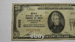 $20 1929 Norfolk Virginia VA National Currency Bank Note Bill Charter #6032 FINE