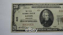 $20 1929 Ripon Wisconsin WI National Currency Bank Note Bill Ch. #425 VF