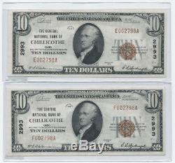 2x CONSECUTIVE $10 1929 Chillicothe Ohio Bank National Currency Notes RARE