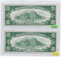 2x CONSECUTIVE $10 1929 Chillicothe Ohio Bank National Currency Notes RARE