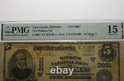 $5 1902 Lawrence Kansas KS National Currency Bank Note Bill Ch #3881 F15 PMG