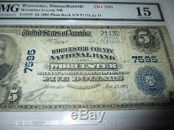 $5 1902 Worcester Massachusetts MA National Currency Bank Note Bill #7595 FINE