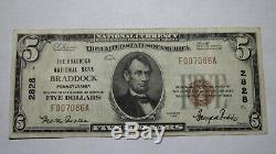 $5 1929 Braddock Pennsylvania PA National Currency Bank Note Bill Ch. #2828 VF