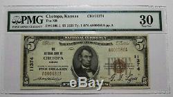 $5 1929 Chetopa Kansas KS National Currency Bank Note Bill Ch. #11374 VF30! PMG