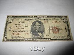 $5 1929 Cooperstown New York NY National Currency Bank Note Bill Ch. #280 Fine