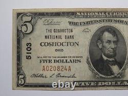 $5 1929 Coshocton Ohio OH National Currency Bank Note Bill Charter #5103 VF