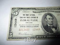 $5 1929 Floral Park New York NY National Currency Bank Note Bill! Ch. #12449 VF