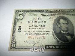 $5 1929 Gardner Massachusetts MA National Currency Bank Note Bill Ch. #884 FINE