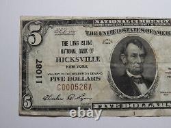 $5 1929 Hicksville New York NY National Currency Bank Note Bill Ch. #11087 RARE